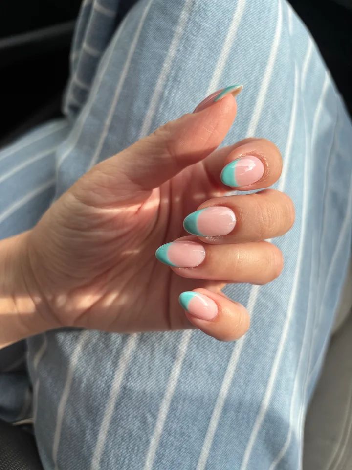 Sheer Pink Base Bright Teal French Tip Nails — Teal Nails 2027