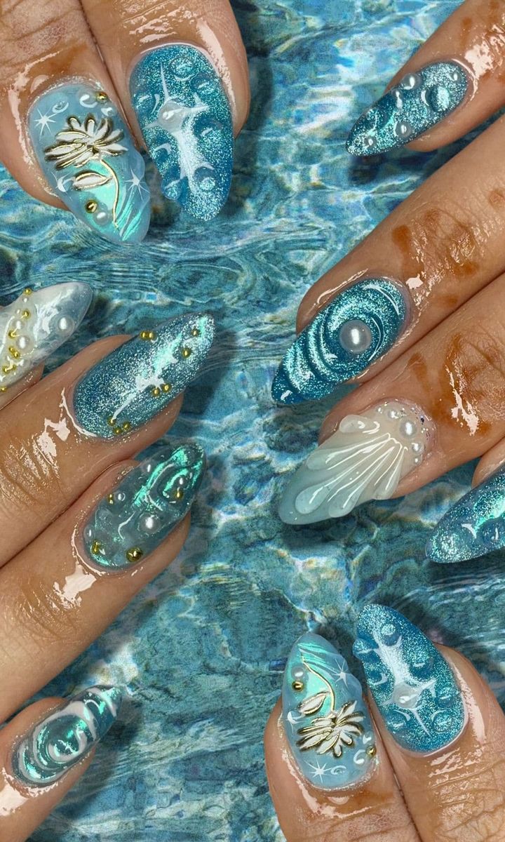 Tropical Seashell Palm Tree Teal Accent Nails — Teal Nails 2027
