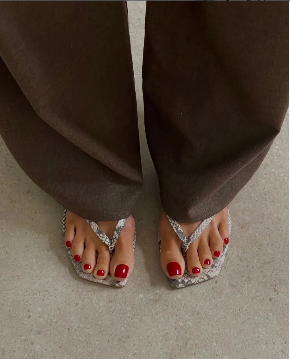 Classic Glossy Red Pedicure with Snake-Print Sandals — Toe Nails 2027 for Women Over 60