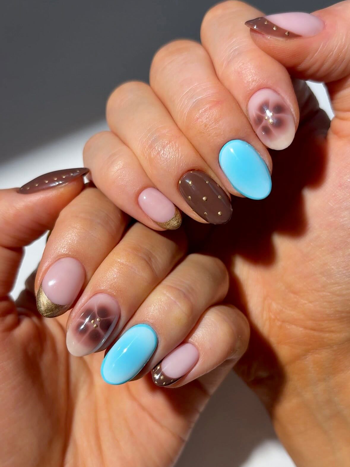 Mixed Blue and Nude Polka Dot Short Nails — Teal Nails 2027