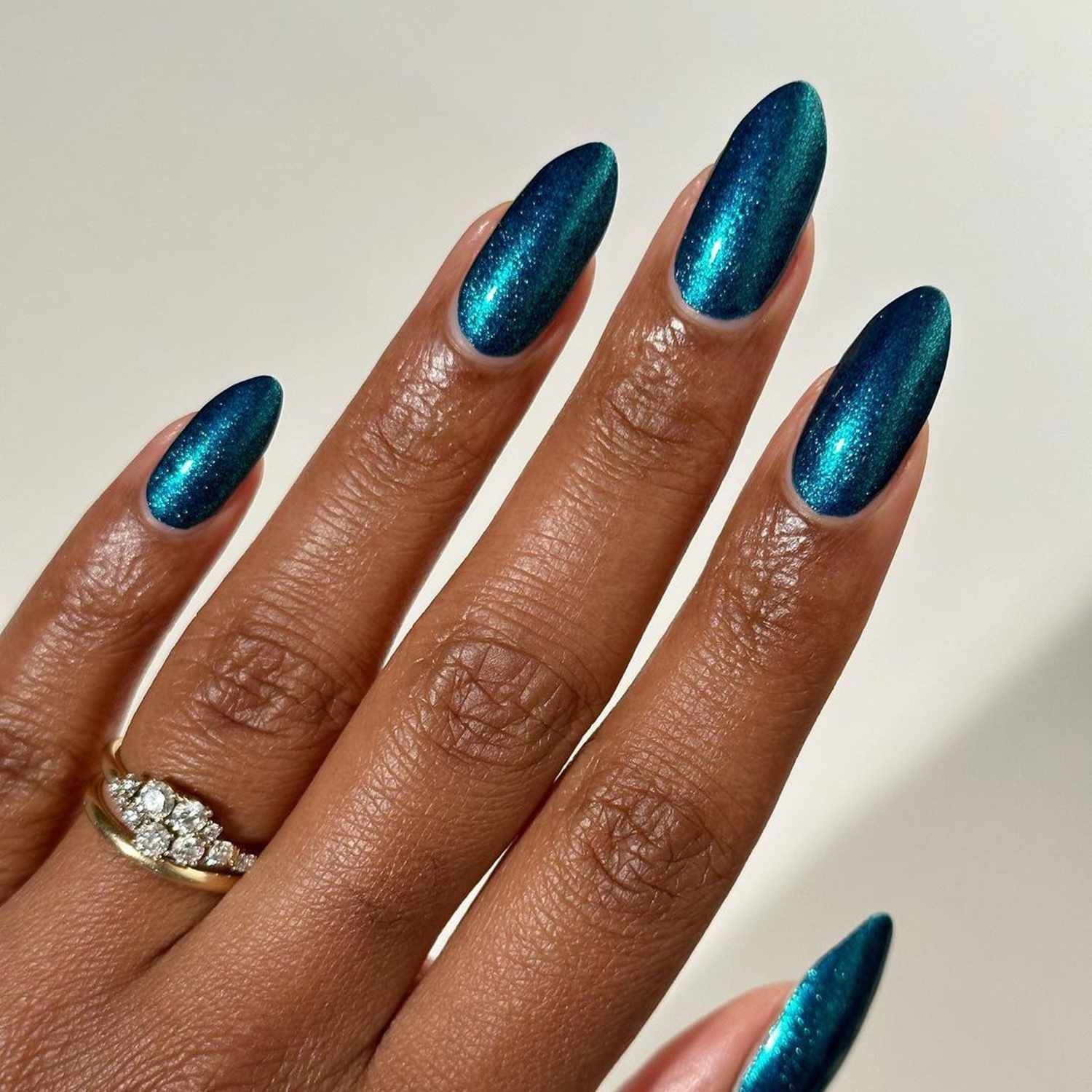 Iridescent Shimmer Deep Teal Almond Nails — Teal Nails 2027