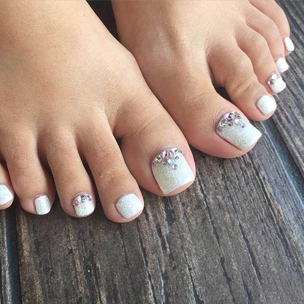 White Glitter with Rhinestone Clusters — Toe Nails 2027 for Women Over 60