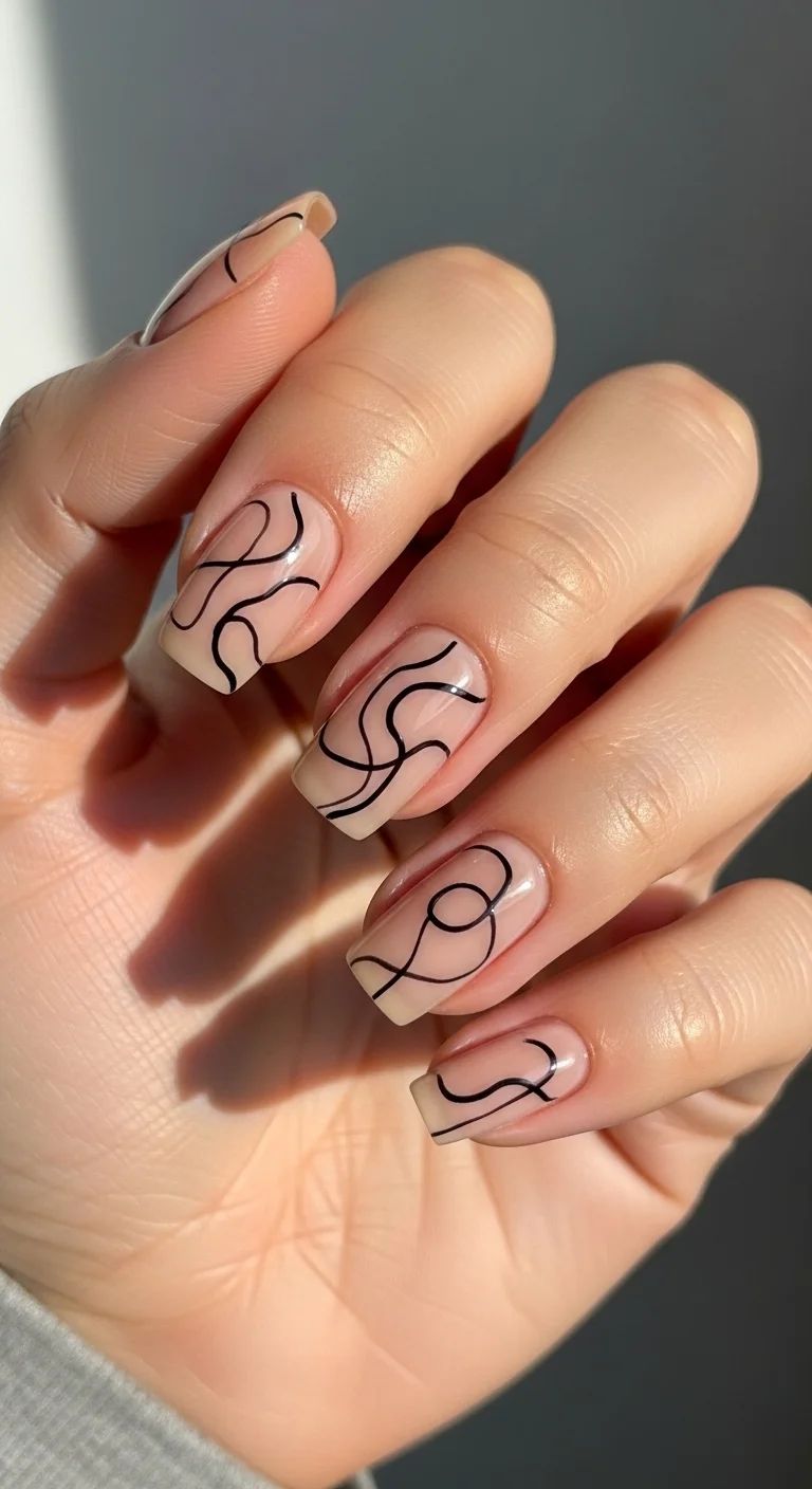 Short Square Glossy Black Lines Short Square Glossy Black Lines — Line Art Nails 2027