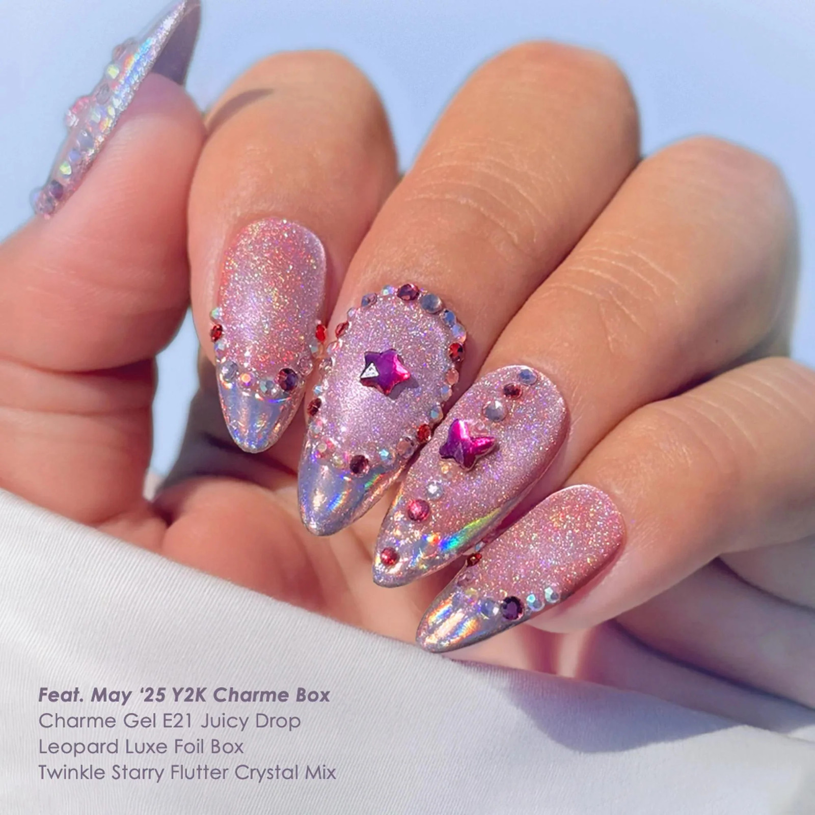 Pink Glitter Iridescent Stiletto with Red Gems Pink Glitter Iridescent Stiletto with Red Gems — Crystal Rhinestone Nails 2027