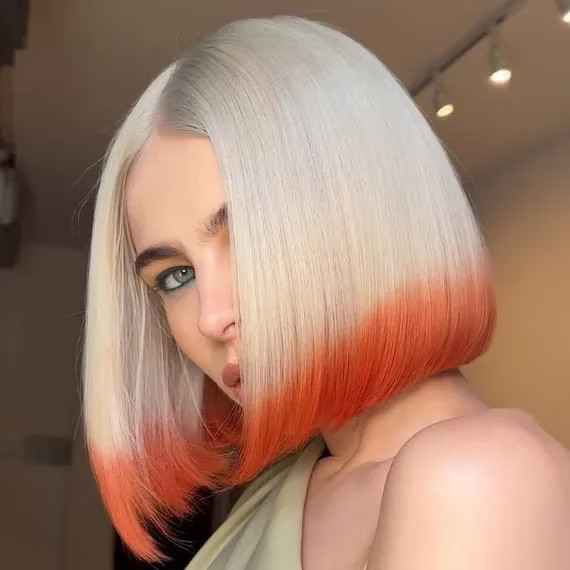 Platinum Blonde Bob With Orange Dip Dye Platinum Blonde Bob With Orange Dip Dye — Dip Dye Bob 2027