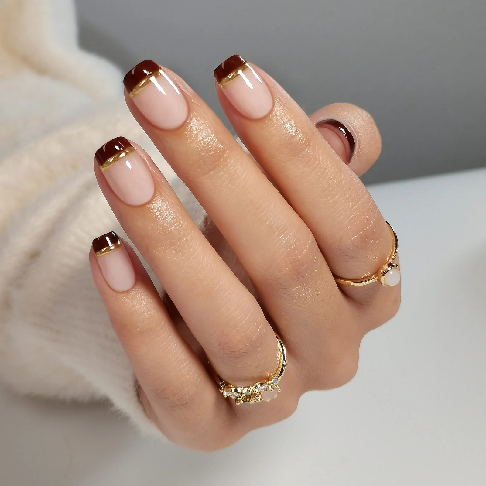 Deep Brown Micro French with Gold Foil Accent Deep Brown Micro French with Gold Foil Accent — Colored Micro French Nails 2027
