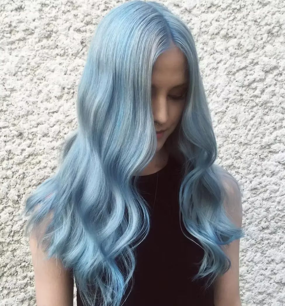 Mid-Back Wavy Hair in Uniform Light Blue Mid-Back Wavy Hair in Uniform Light Blue — Sky Blue Hair 2027