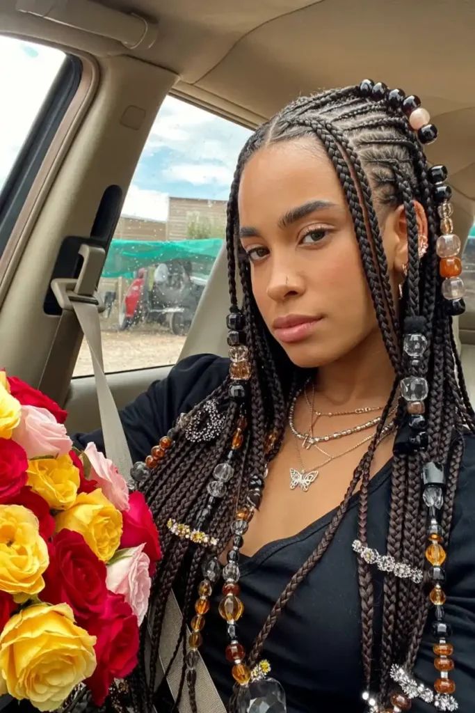 Ornate Beaded Dark Brown Braids Ornate Beaded Dark Brown Braids — Box Braids 2027 for Prom