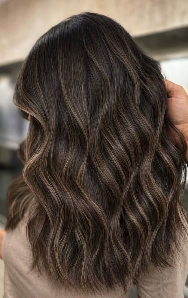 Subtle Ash Highlights Blowout — Balayage on Dark Brown Hair 2027
