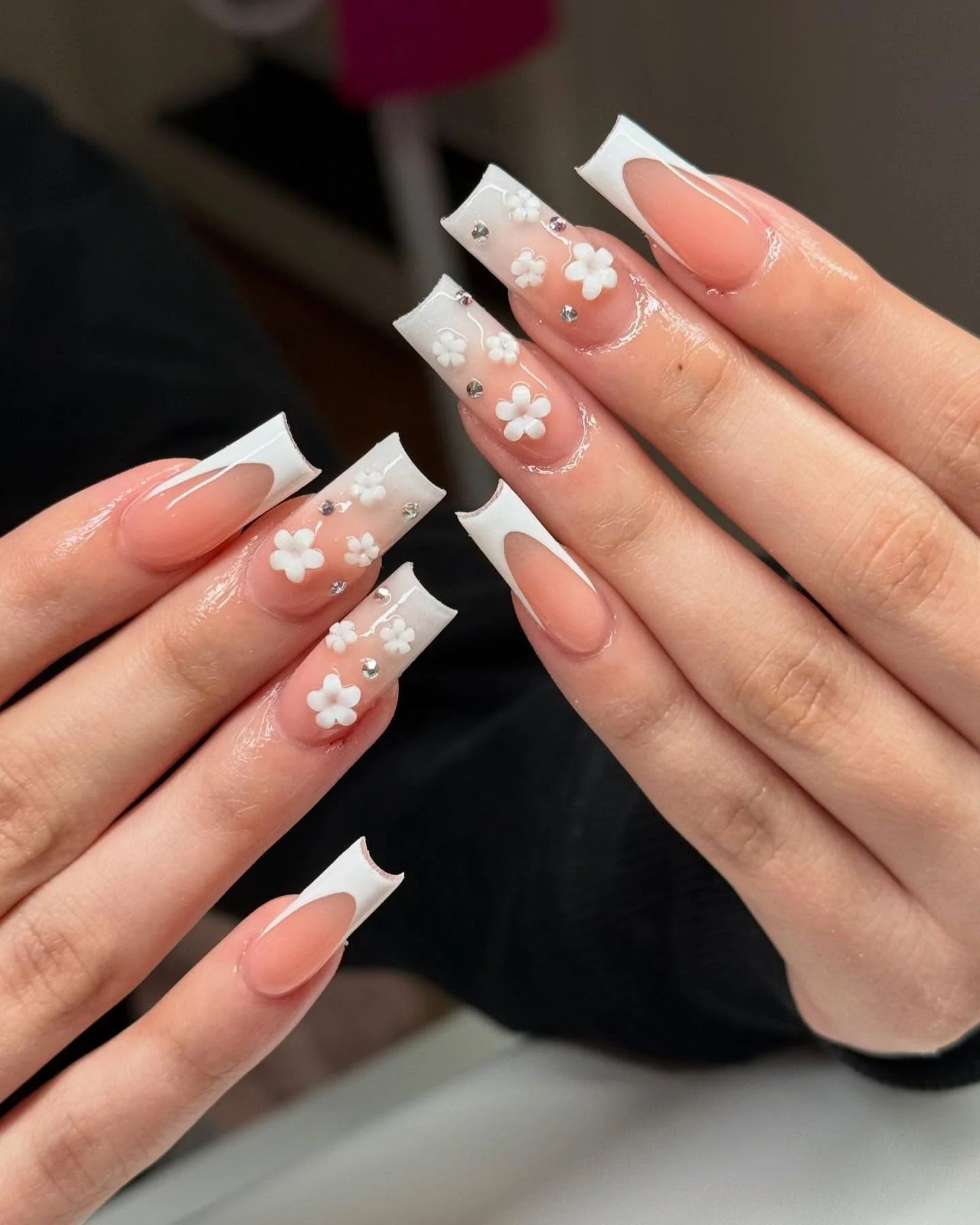 Sheer Pink Base With White French Tips Visual Idea Sheer Pink Base With White French Tips Visual Idea — Floral Coffin Nails 2027