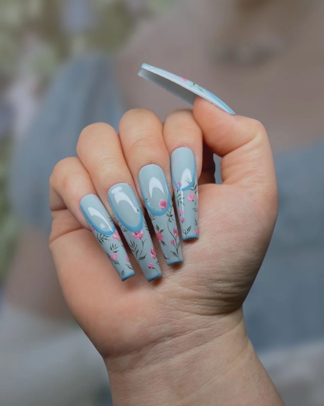 Light Blue Floral French Tip Coffins Light Blue Floral French Tip Coffins — Floral Coffin Nails 2027