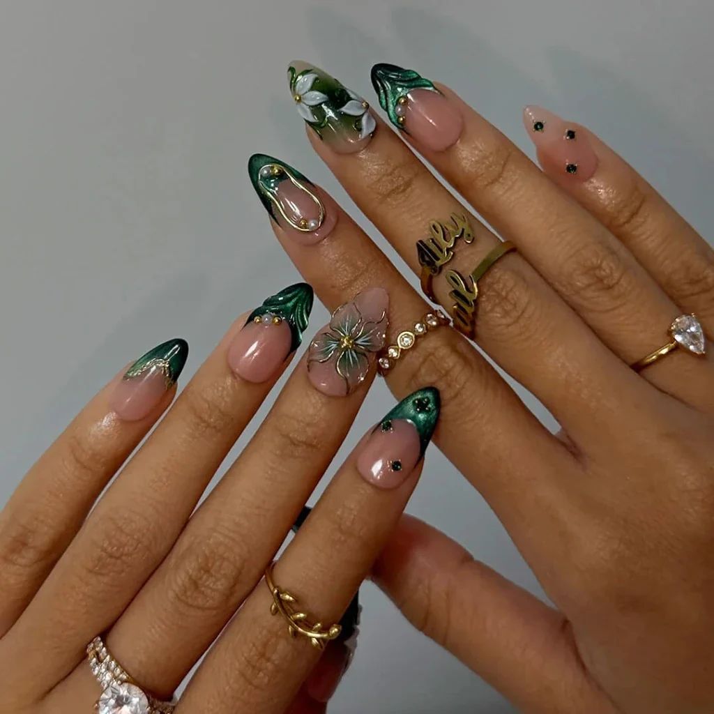Nude to Emerald Ombre with Floral Accents Nude to Emerald Ombre with Floral Accents — Emerald Prom Nails 2027
