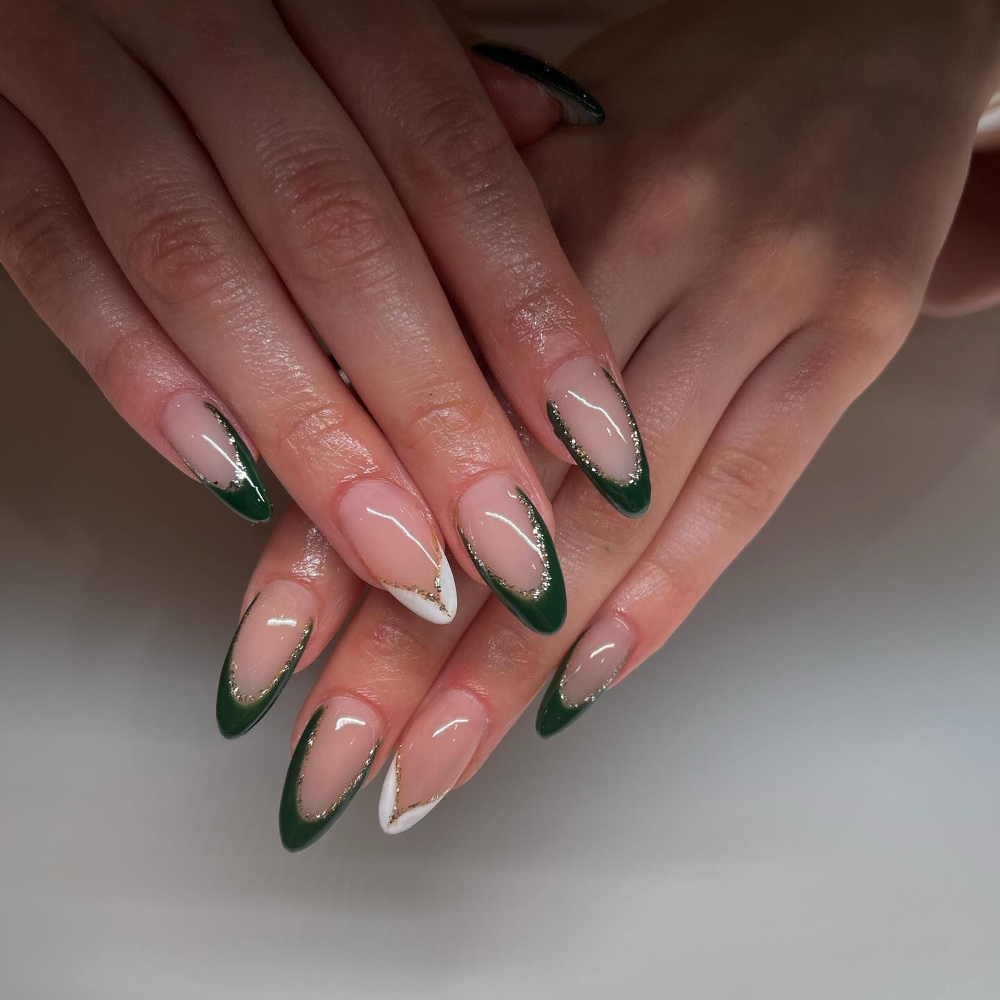 Elegant Emerald French with Gold Glitter Detail Elegant Emerald French with Gold Glitter Detail — Emerald Prom Nails 2027
