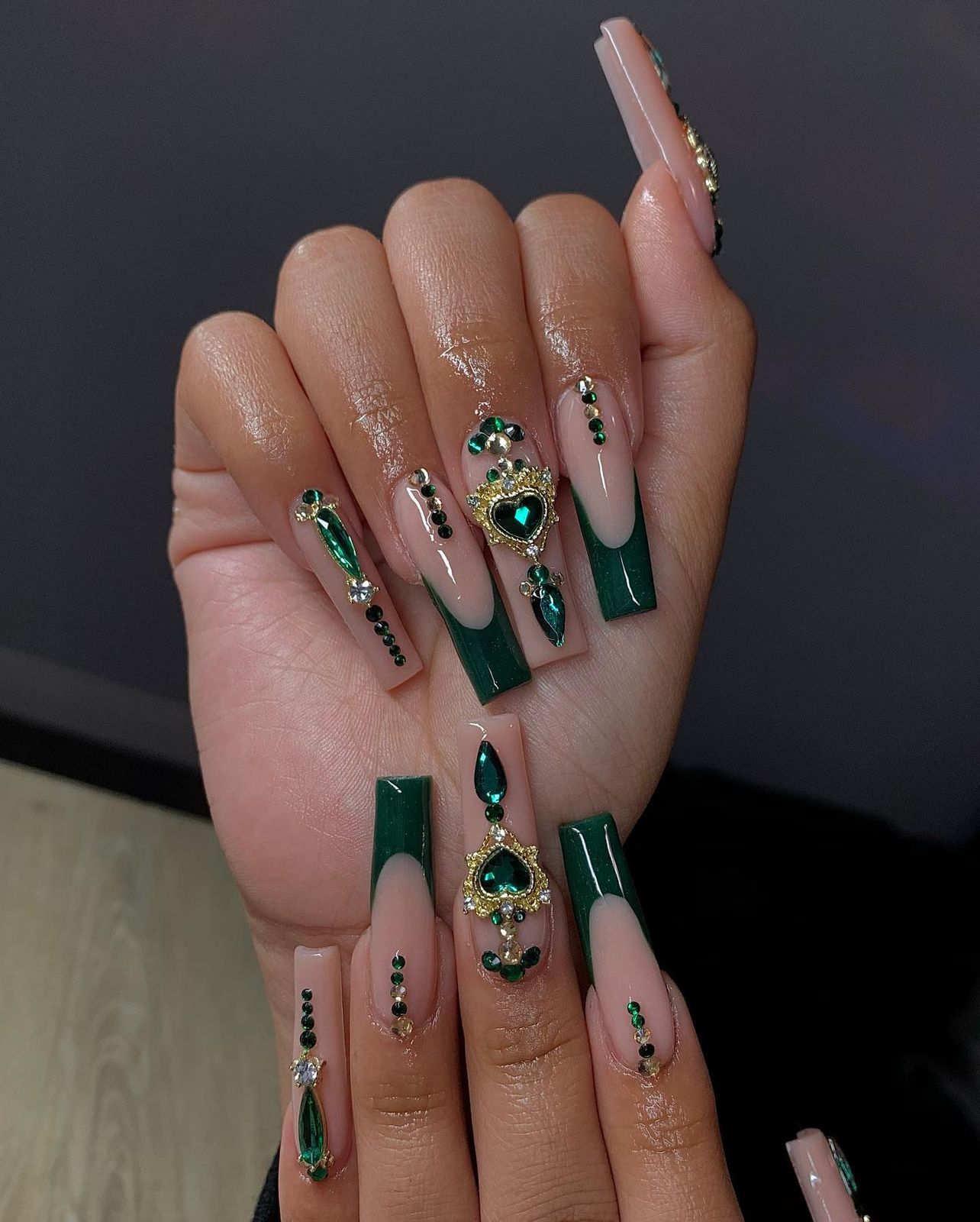 Extravagant Emerald French Tip Coffin Nails Extravagant Emerald French Tip Coffin Nails — Emerald Prom Nails 2027