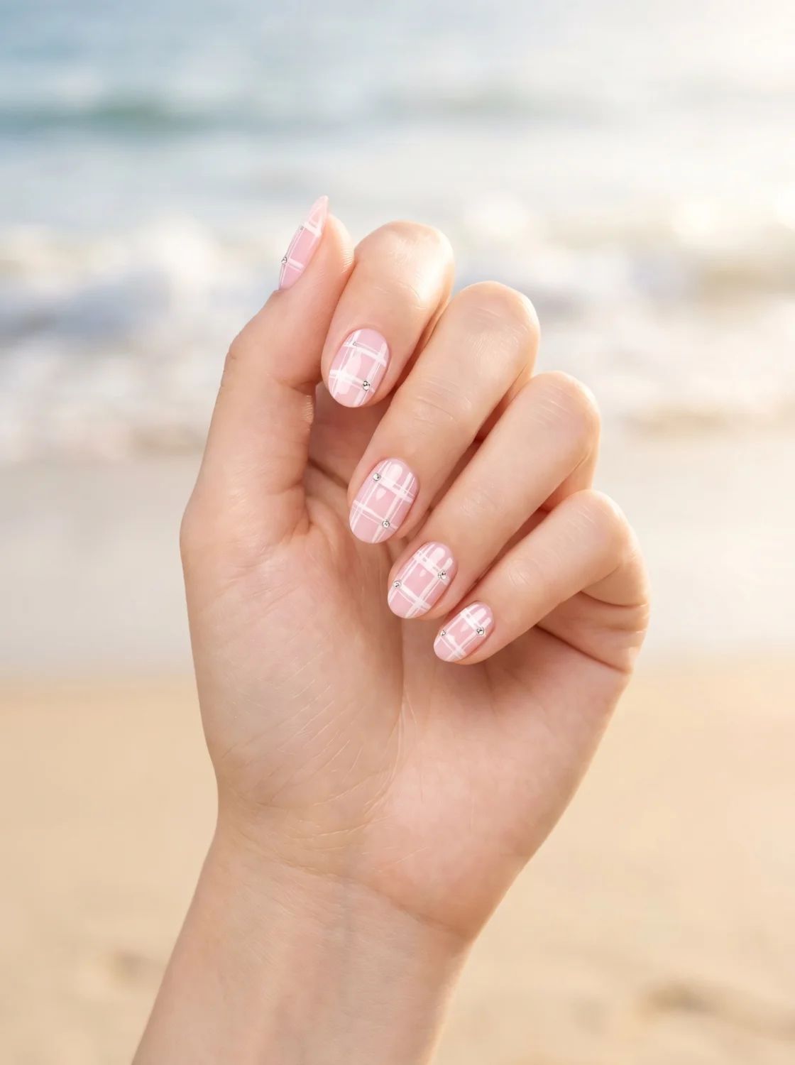 Medium Oval Pink White Plaid Glitter Medium Oval Pink White Plaid Glitter — Minimal Line Art Nails 2027