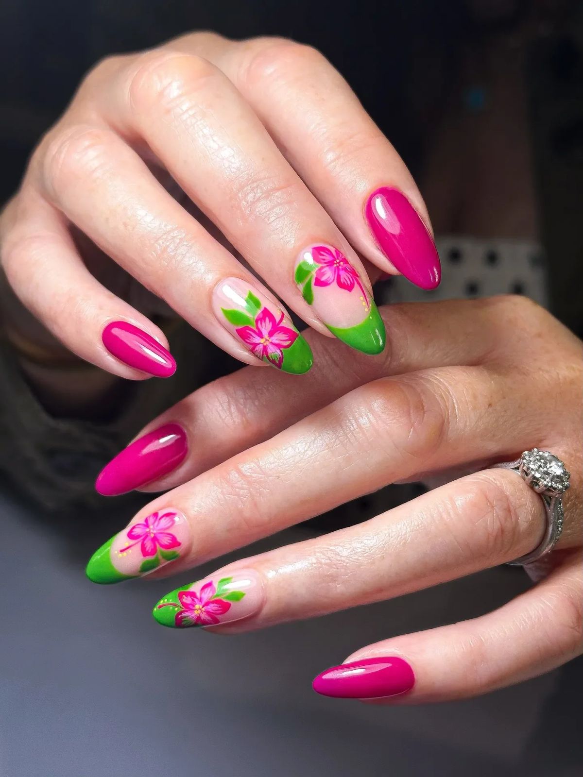 Hot Pink Green Tip Hibiscus Medium Almond Hot Pink Green Tip Hibiscus Medium Almond — Hibiscus Flower Nails 2027