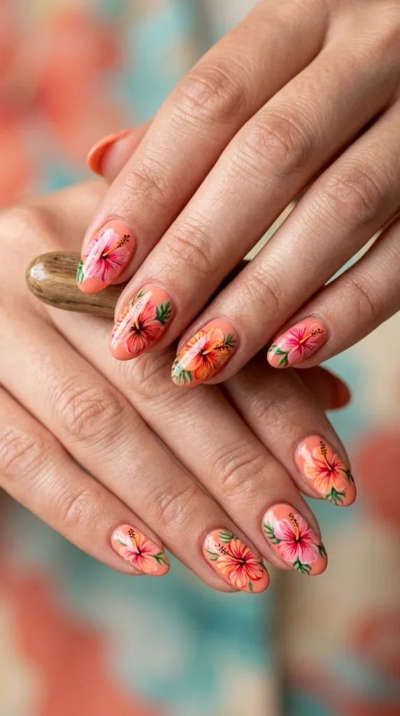 Peach Base Multi-Color Hibiscus Medium Oval Peach Base Multi-Color Hibiscus Medium Oval — Hibiscus Flower Nails 2027