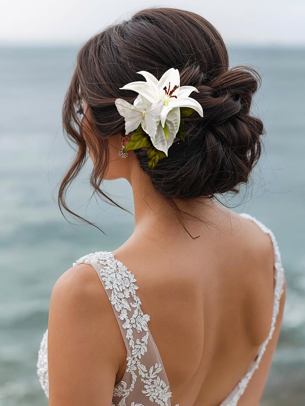 Dark Brown Updo with Anthurium Flower — Flower Crown Hairstyles 2027