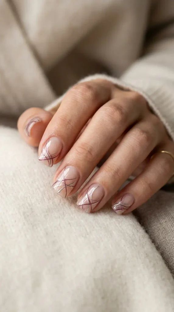 Short Square Metallic Mauve and Silver Lines Short Square Metallic Mauve and Silver Lines — Thin Line Nails 2027