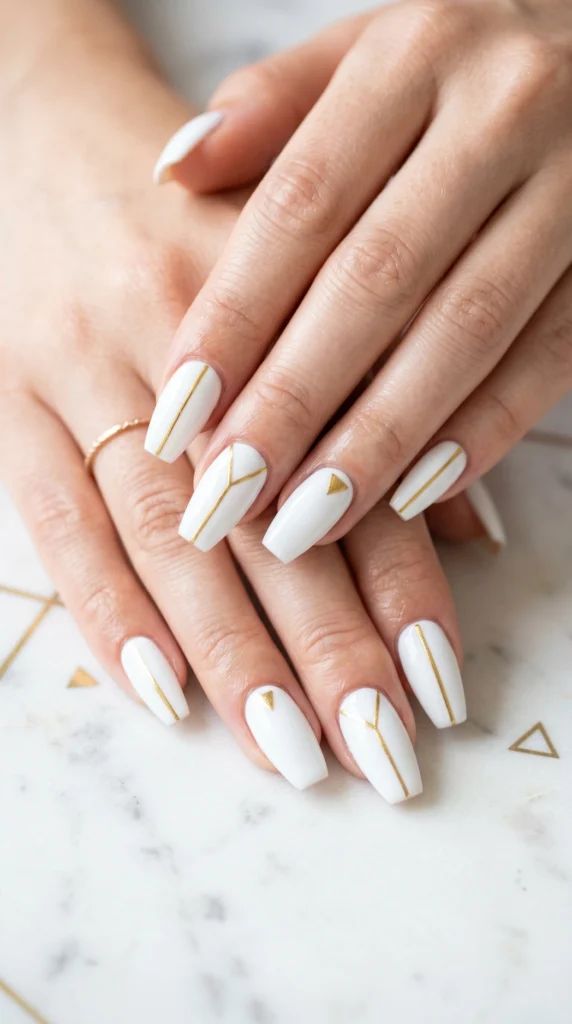 Opaque White Base With Gold Line Art Visual Idea Opaque White Base With Gold Line Art Visual Idea — Thin Line Nails 2027