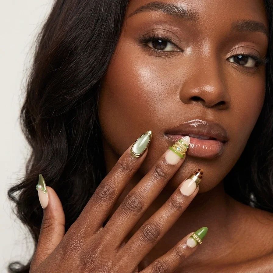 Pale Green Nude And Gold Accents Visual Idea — Pastel Nails 2027 for Dark Skin