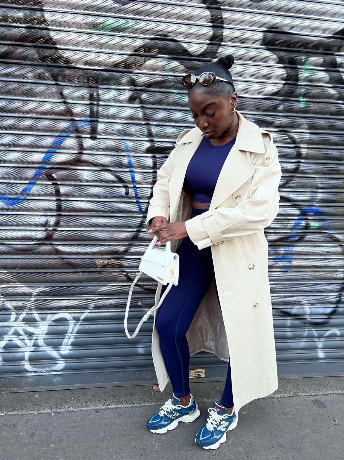 Athleisure Chic: Trench Coat Over Leggings with Blue and White 9060s — New Balance 9060 Outfits 2027