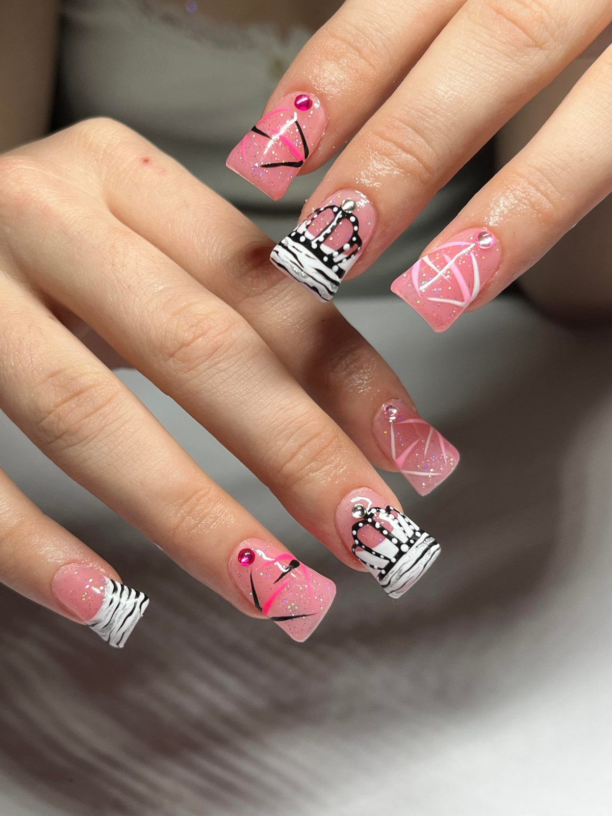 Medium Square Pink with Crowns and Swirls Medium Square Pink with Crowns and Swirls — Pink Duck Nails 2027