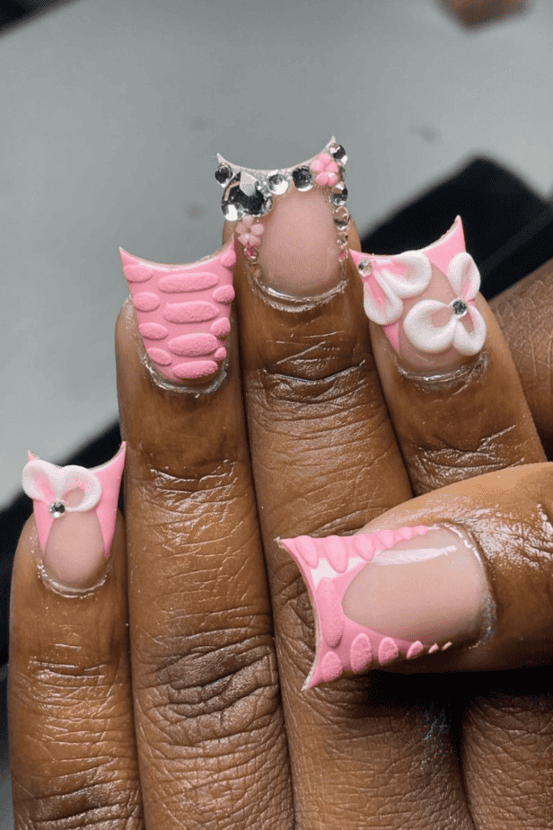 Medium Flared Nails with Matte Pink French and Flowers Medium Flared Nails with Matte Pink French and Flowers — Pink Duck Nails 2027