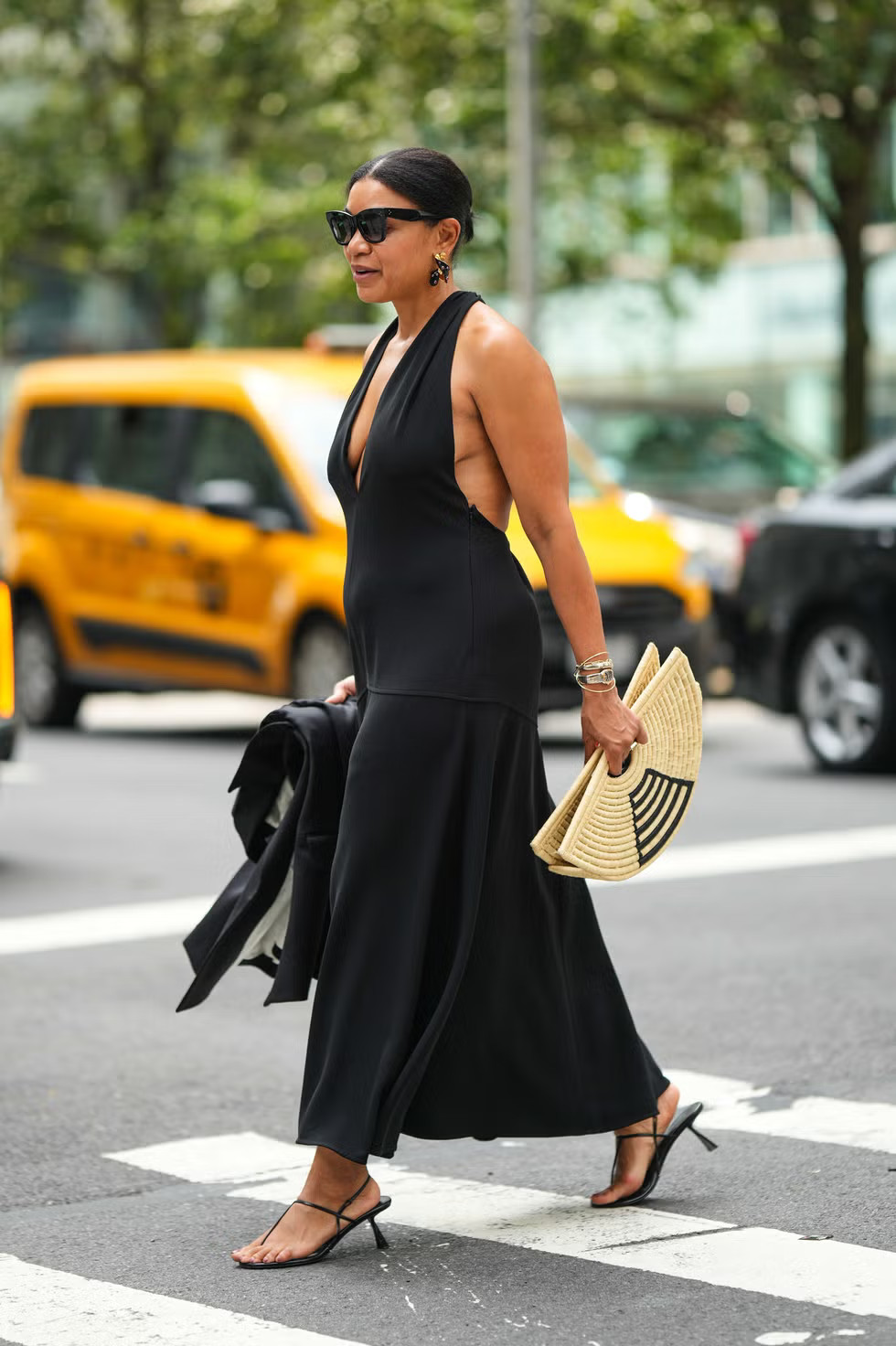 Black Halter Dress and Blazer with Kitten Heel Sandals — Strappy Heels Outfits 2027