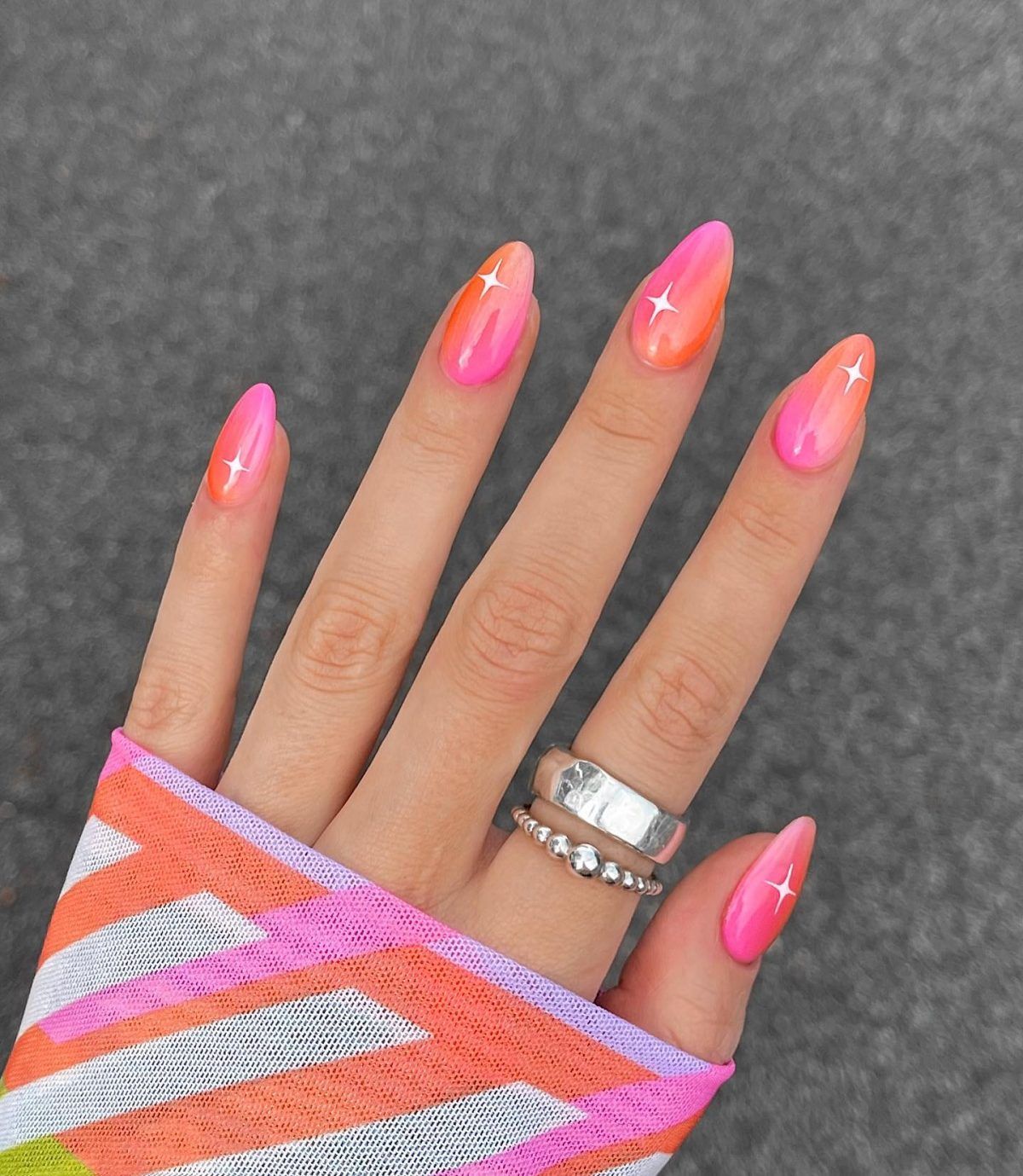 Neon Pink Coral Star Accent Almond Nails Neon Pink Coral Star Accent Almond Nails — Neon Ombre Nails 2027