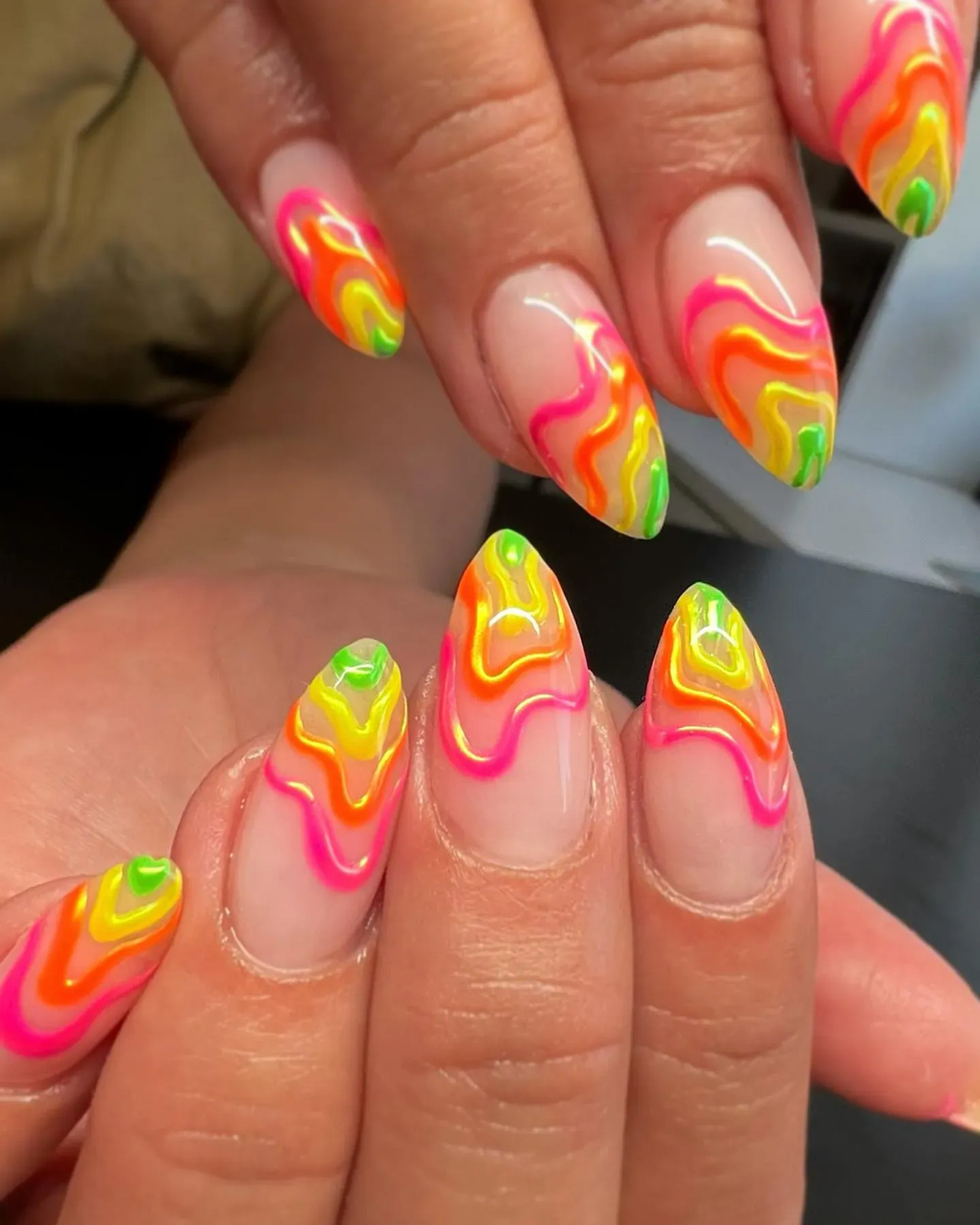 Neon Wavy Jelly Lines Almond Nails Neon Wavy Jelly Lines Almond Nails — Rainbow Rave Nails 2027