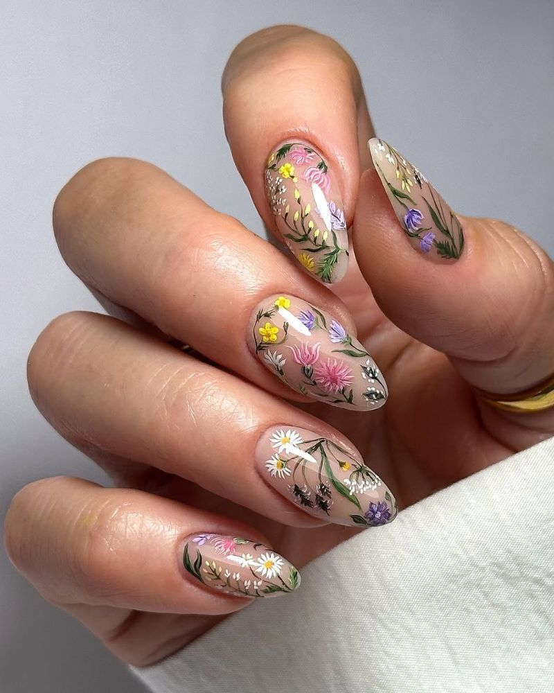 Intricate Painted Floral Almond Nails Intricate Painted Floral Almond Nails — Floral Round Nails 2027