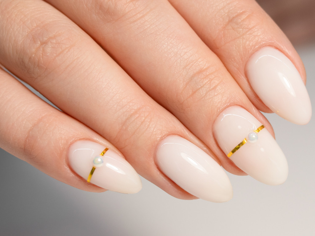 Creamy Off-White with Gold Foil Stripe Creamy Off-White with Gold Foil Stripe — Classy Nails 2027 for Mature Hands