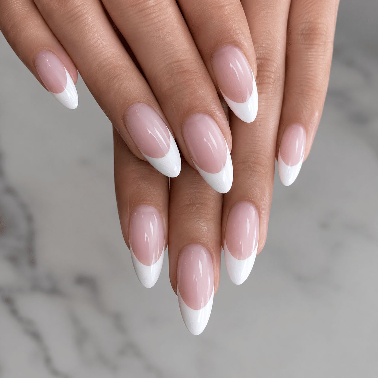 Medium Almond Classic French Hands Medium Almond Classic French Hands — French Tip Nails 2027 for Wide Nail Beds