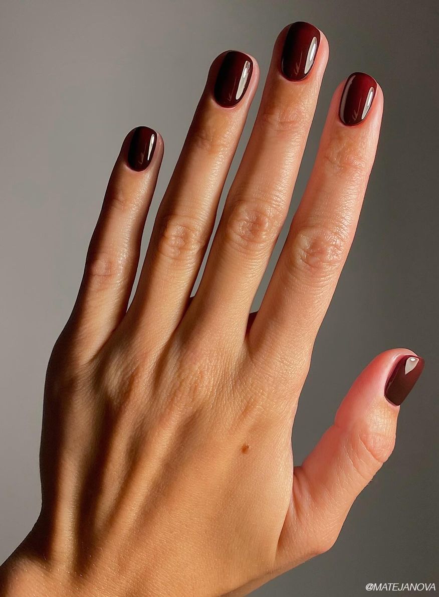 Dark Red Brown Undertone Gloss Nails — Garnet Nails 2027