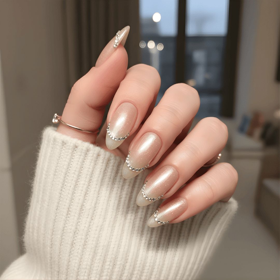 Champagne Shimmer with Rhinestone Cuticle Accents Champagne Shimmer with Rhinestone Cuticle Accents — Winter Formal Nails 2027