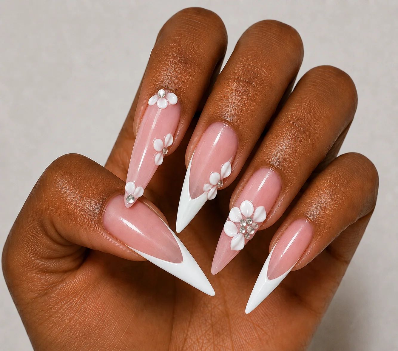 Sheer Pink French 3D Floral Stilettos Sheer Pink French 3D Floral Stilettos — Long Floral Nails 2027