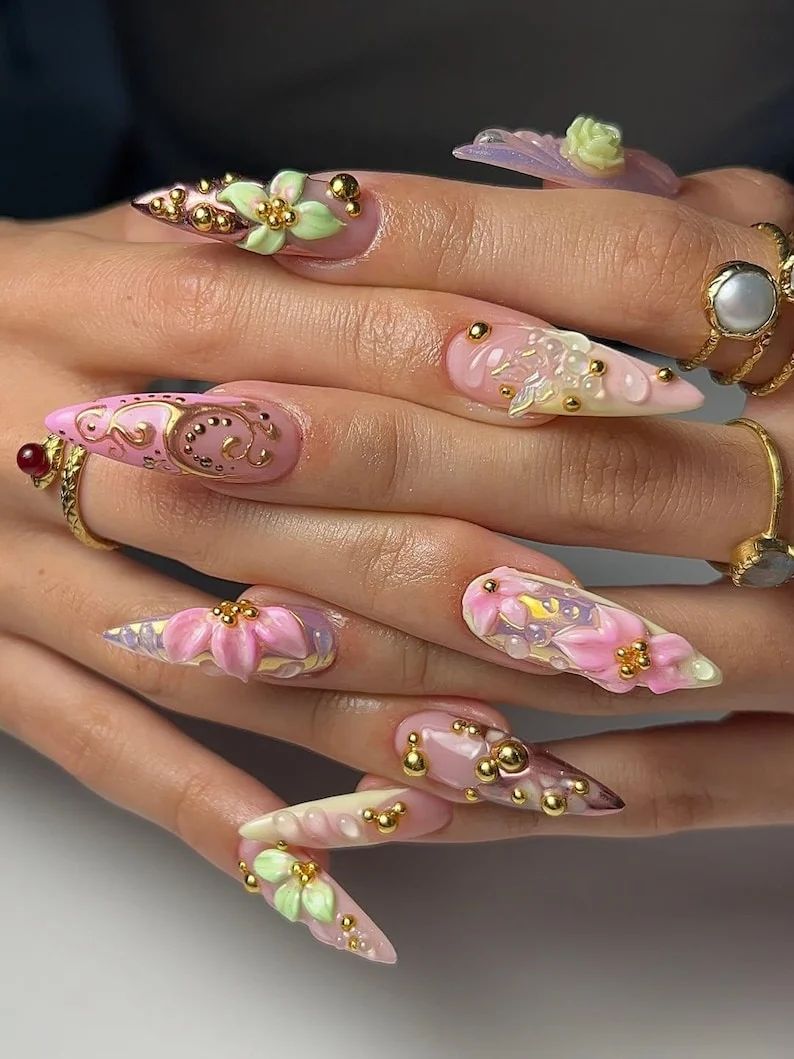 3D Floral Appliqué Glossy Stilettos 3D Floral Appliqué Glossy Stilettos — Long Floral Nails 2027