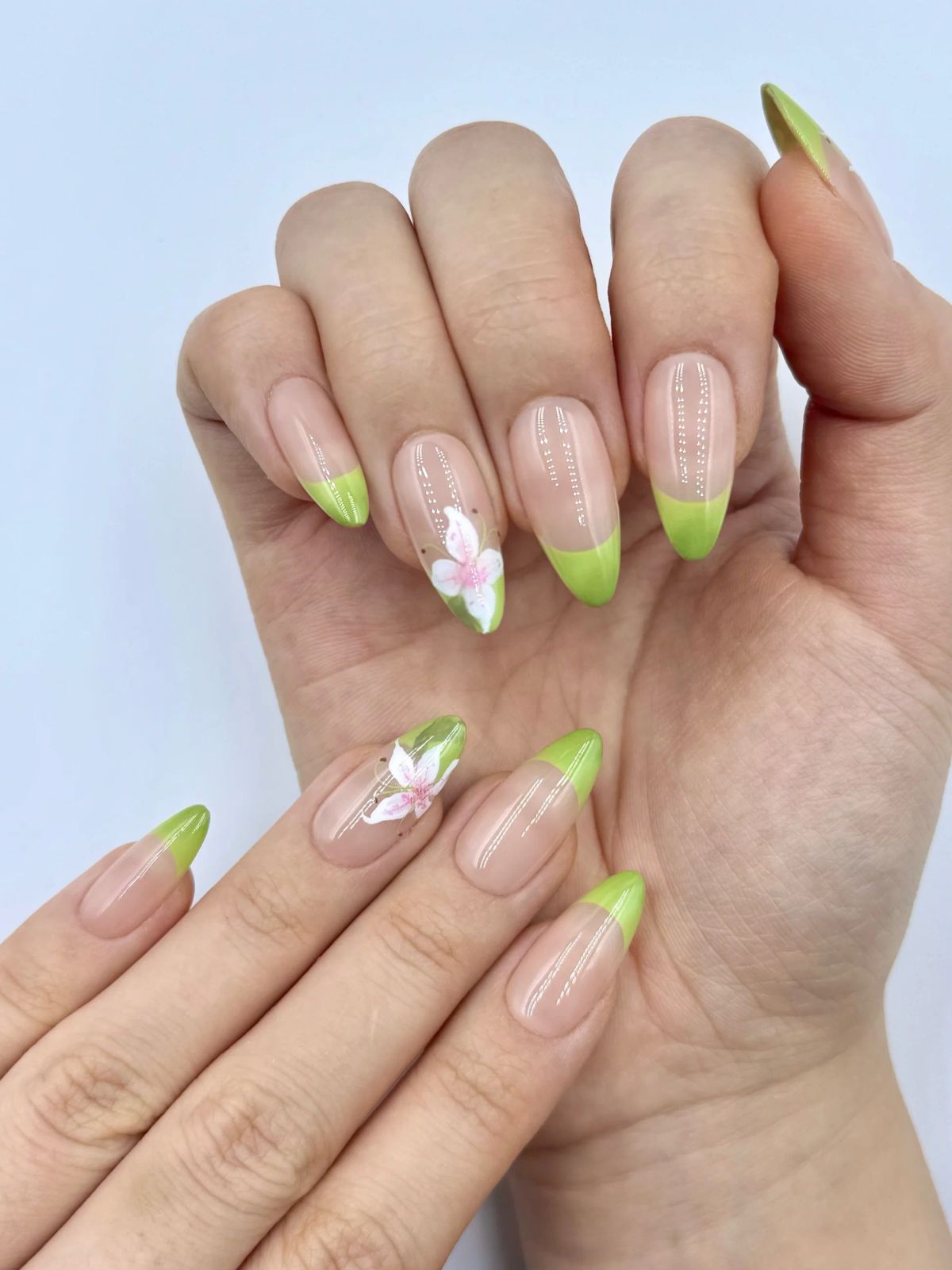 Lime Green French Floral Almonds Lime Green French Floral Almonds — Long Floral Nails 2027