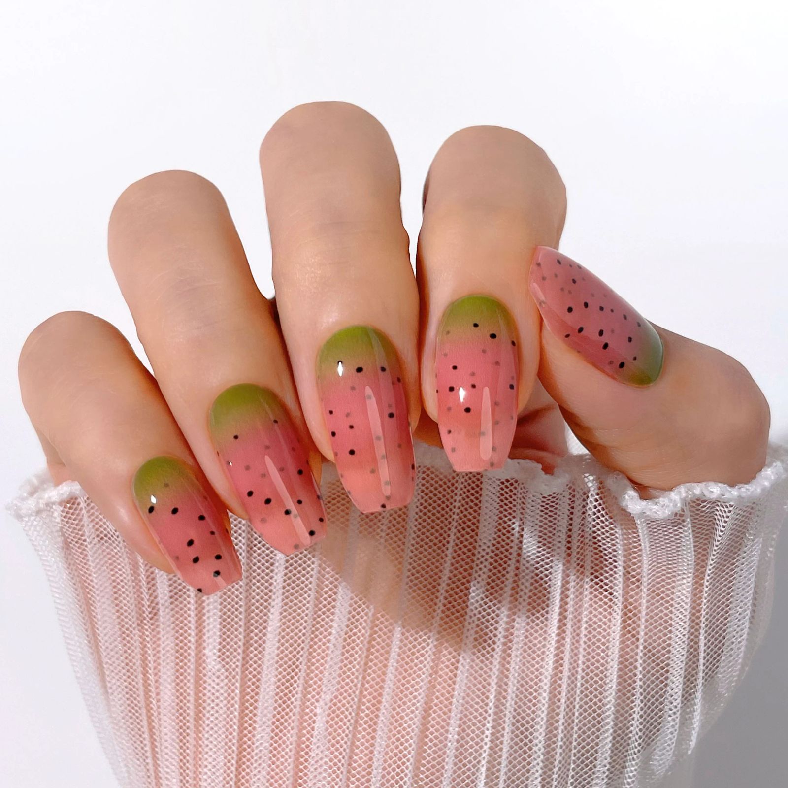 Sheer Pink Green Tip Seed Dots Sheer Pink Green Tip Seed Dots — Watermelon Nails 2027