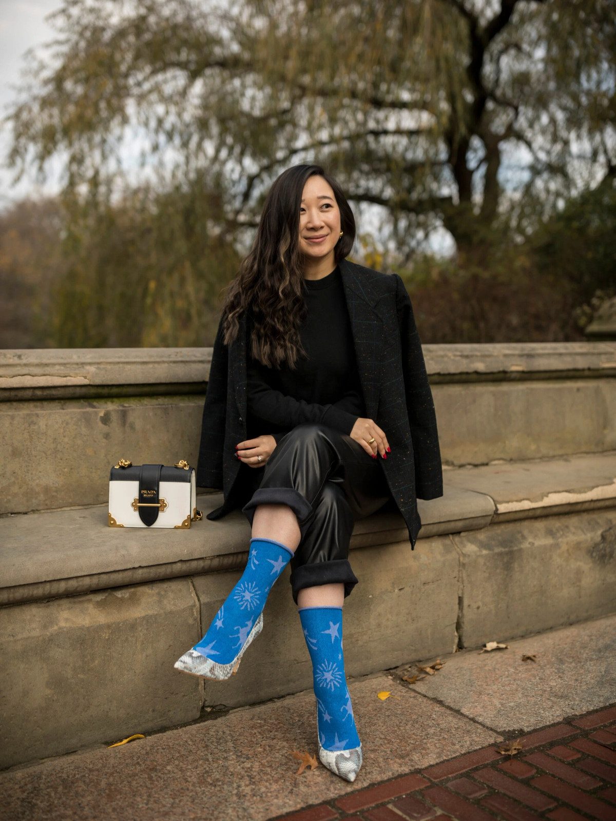 Bright Blue Patterned Socks with Faux Leather Pants and Blazer — Socks 2027 with Heels Outfits