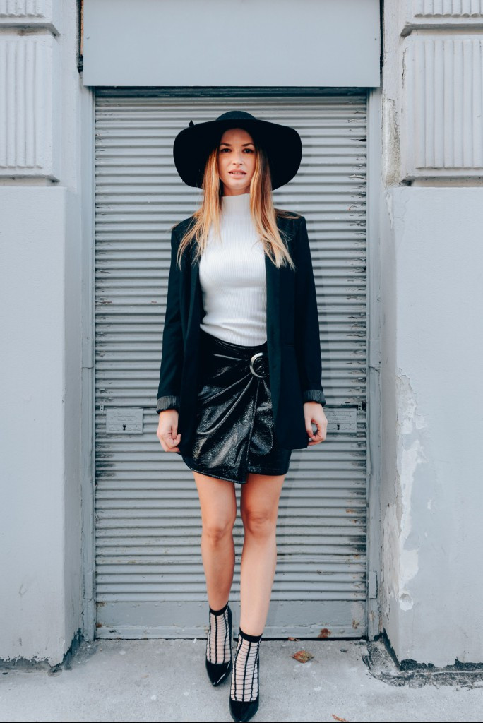 Striped Sheer Socks with Metallic Mini Skirt and Blazer — Socks 2027 with Heels Outfits