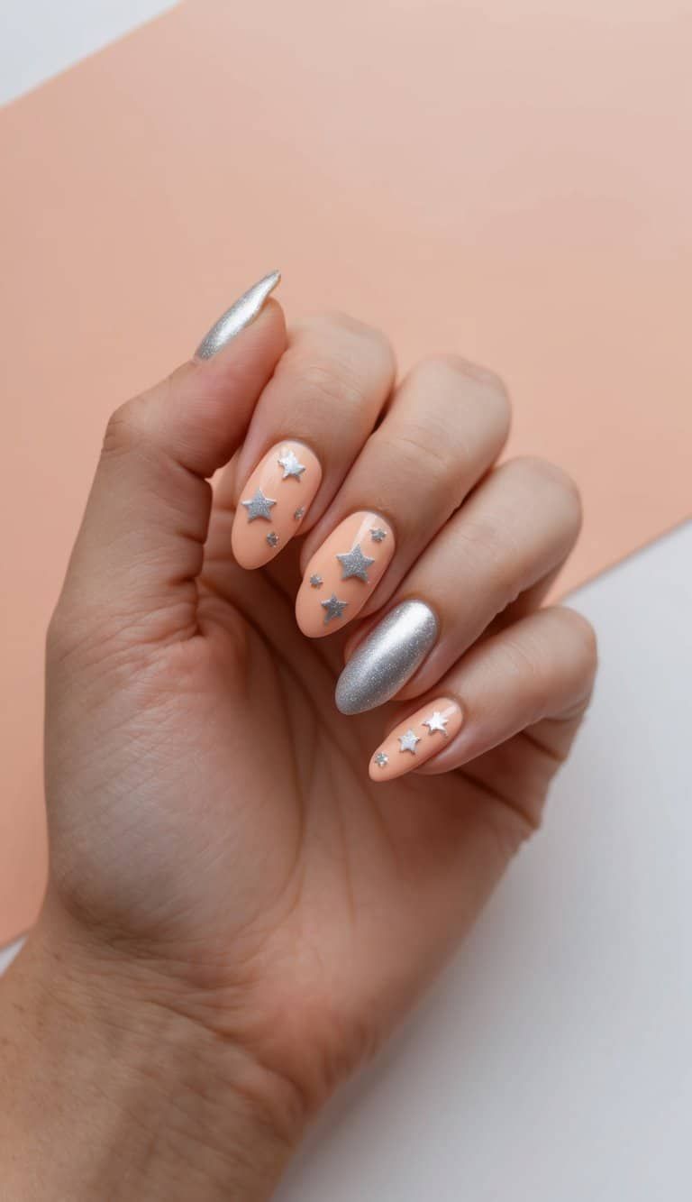 Peach with Silver Stars and Chrome Accents Peach with Silver Stars and Chrome Accents — Peach Chrome Nails 2027