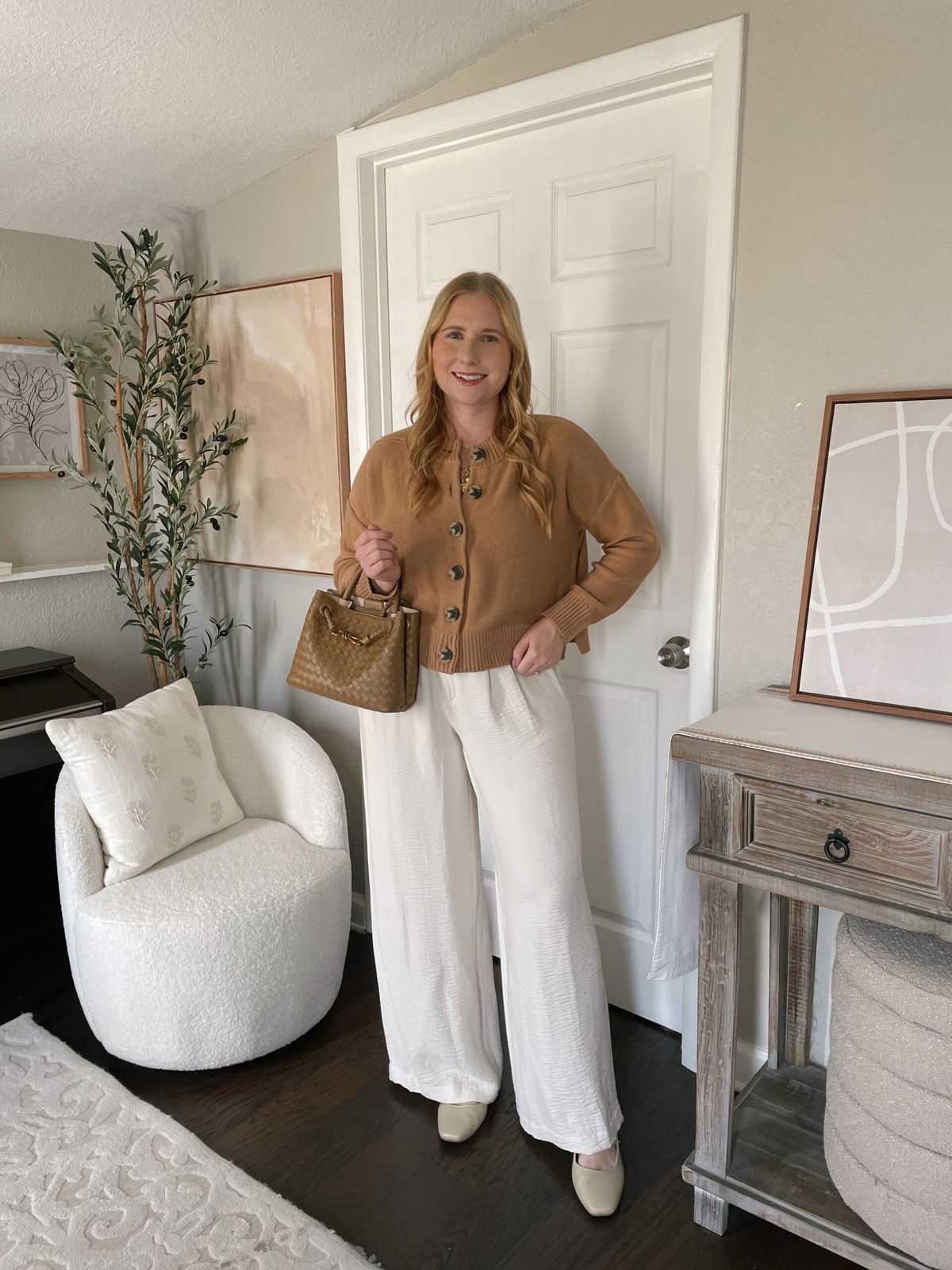 Camel Cardigan and Textured Trousers for Chic Comfort Camel Cardigan and Textured Trousers for Chic Comfort — Meet the Teacher Outfits 2027