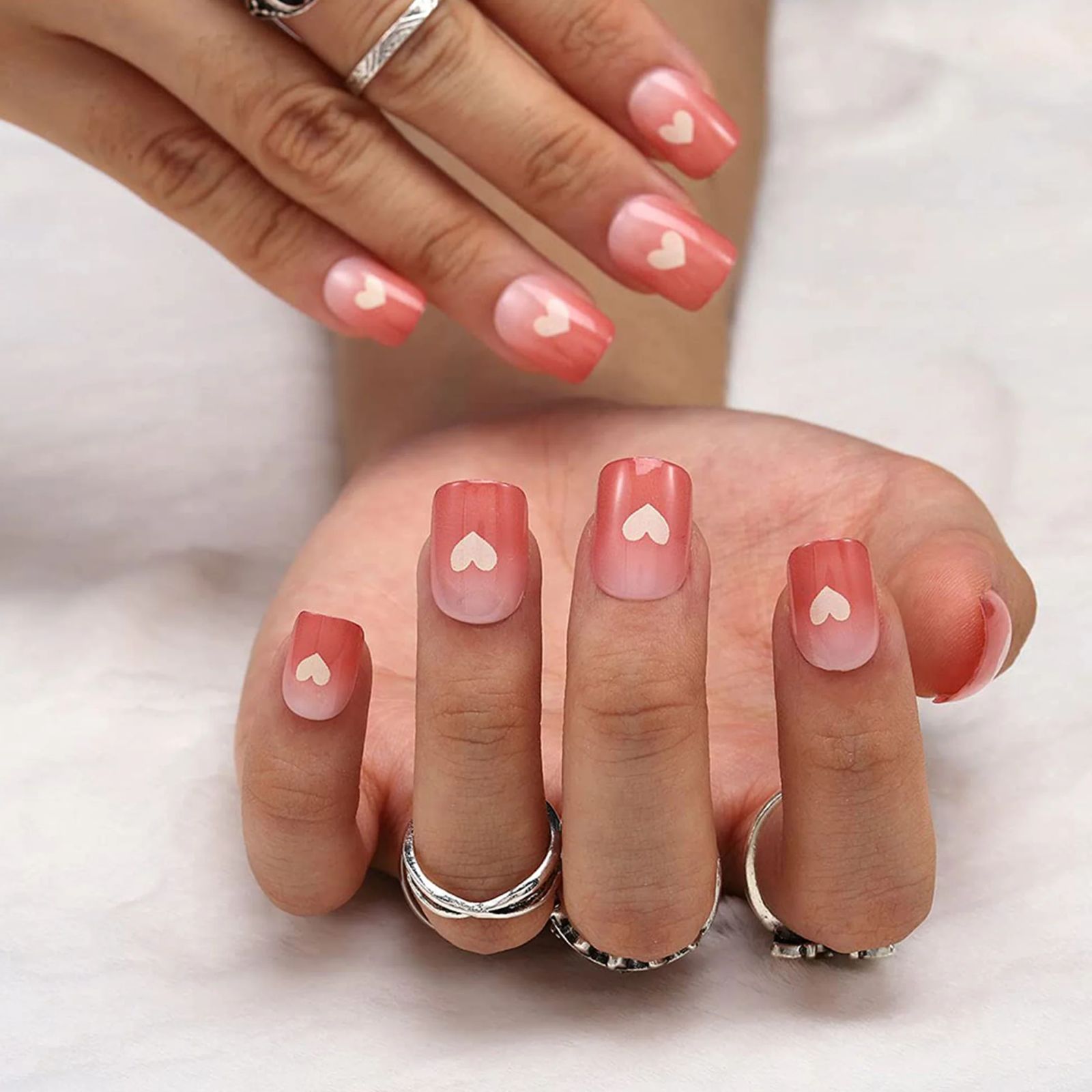 Peach to White Gradient Heart Motif Squares Peach to White Gradient Heart Motif Squares — Peach Square Nails 2027