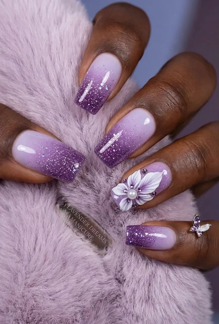 Ombre with 3D Floral Accent — Lavender Wedding Nails 2027