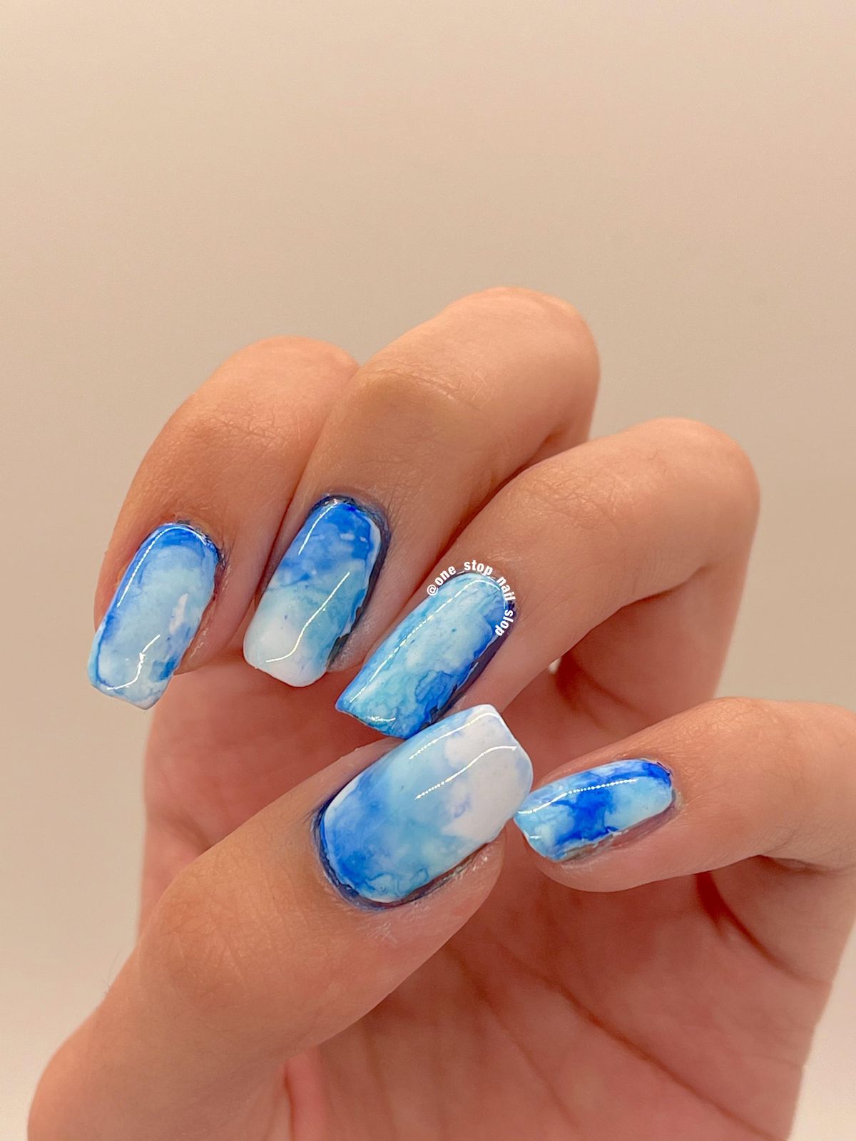 Medium Squoval Blue White Watercolor — Blue Watercolor Nails 2027