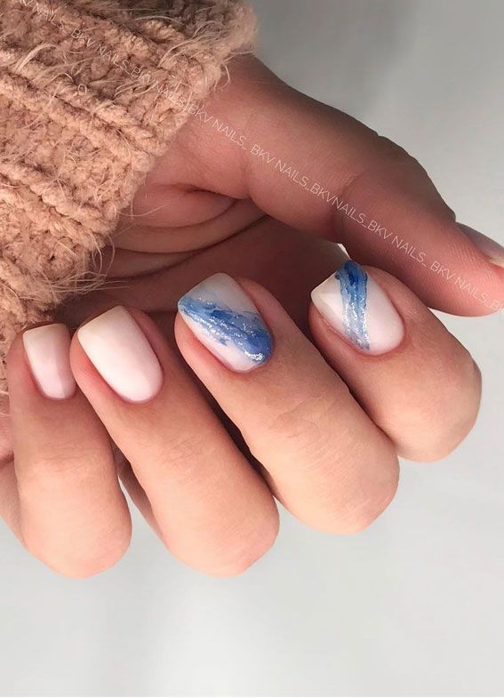 Short Square Nude Base Blue Watercolor — Blue Watercolor Nails 2027