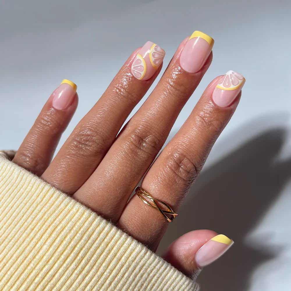 Yellow French Tip Lemon Slice Short Square Yellow French Tip Lemon Slice Short Square — Nails That Last 2027