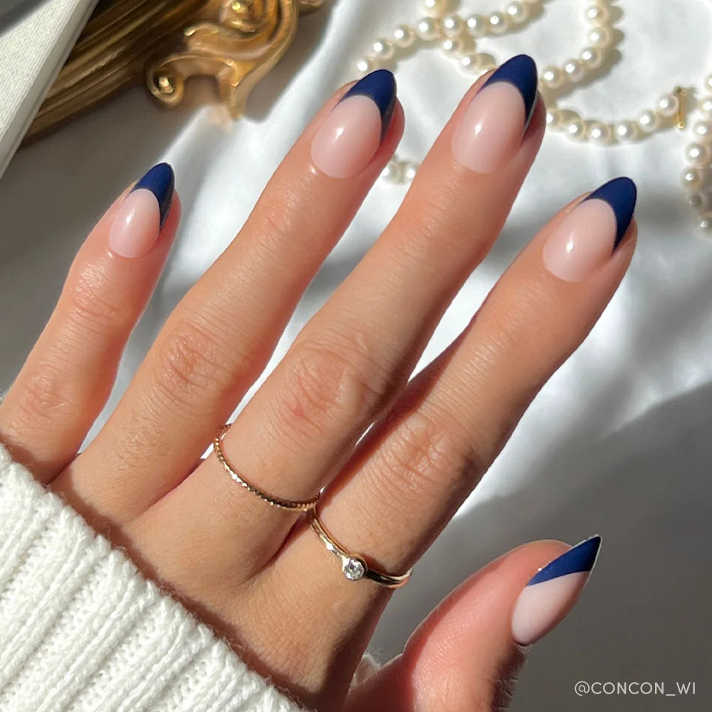 Glossy Dark Blue French Tip Almond Nails Glossy Dark Blue French Tip Almond Nails — Nails That Last 2027